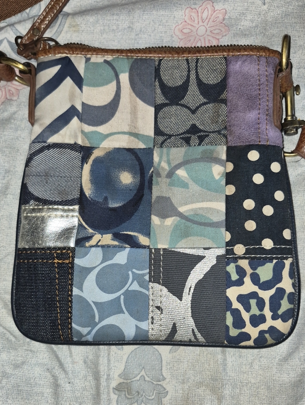 Rare VintageCoach Patchwork Crossbody Bag Blue, Animal, Cream and Purple Accents